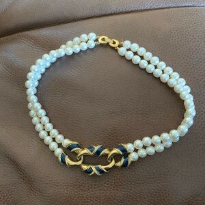 Vintage RICHELIEU 2-Strand Faux Pearl Bead Blue Enamel Pendant Necklace 15.5"